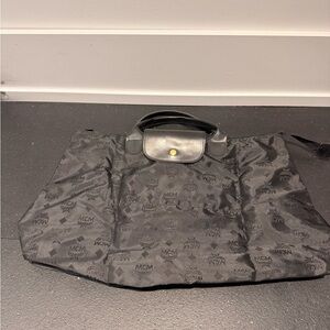 MCM Black Logo Nylon Foldable Tote with Leather Trim